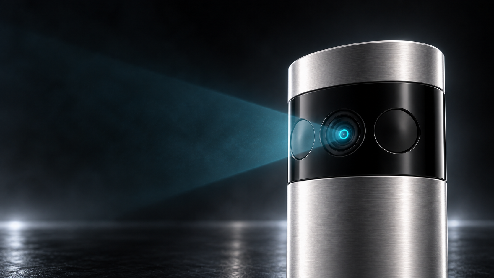 Three-quarter close-up of the Tower20 E3 active center camera illuminating a cyan sensing field while two reserved windows remain dark
